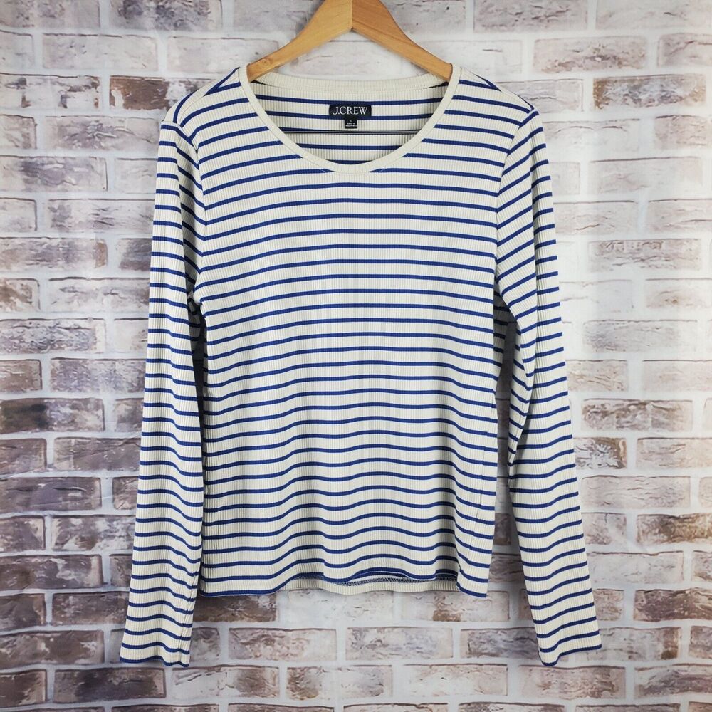 J Crew Top Women's XL Striped White Blue Stretchy Nautical Preppy